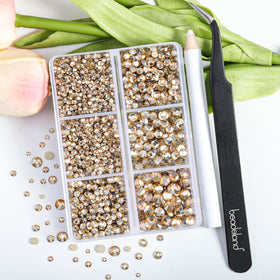BEADSLAND close-up of faceted golden shadow rhinestone surface for high sparkle