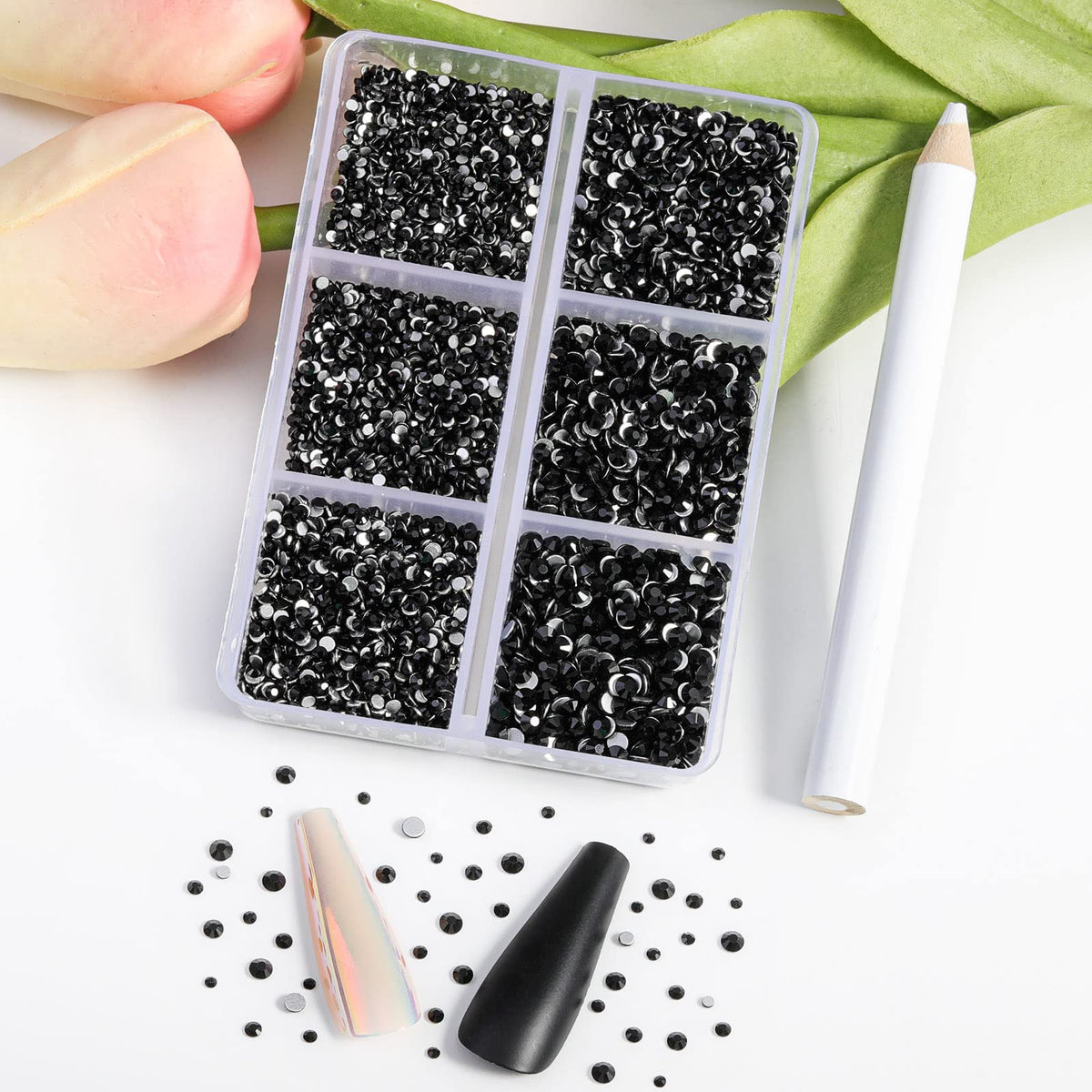 BEADSLAND close-up of faceted black rhinestones showing reflective detail