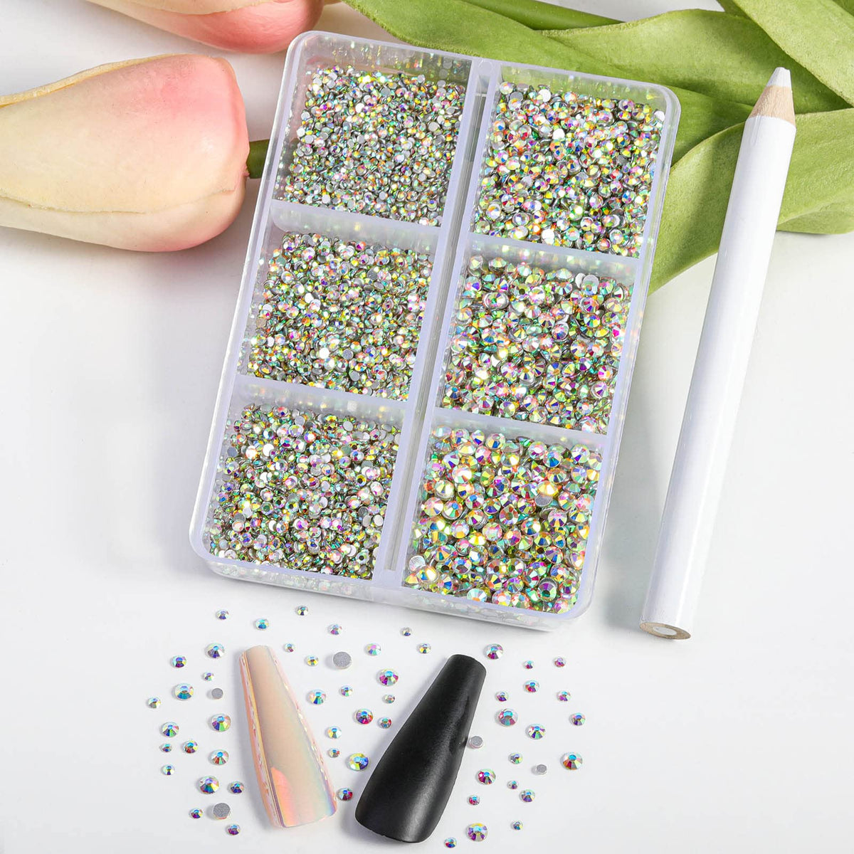 BEADSLAND close-up of mixed SS3–SS10 crystals showing cut and AB shimmer for brilliant sparkle
