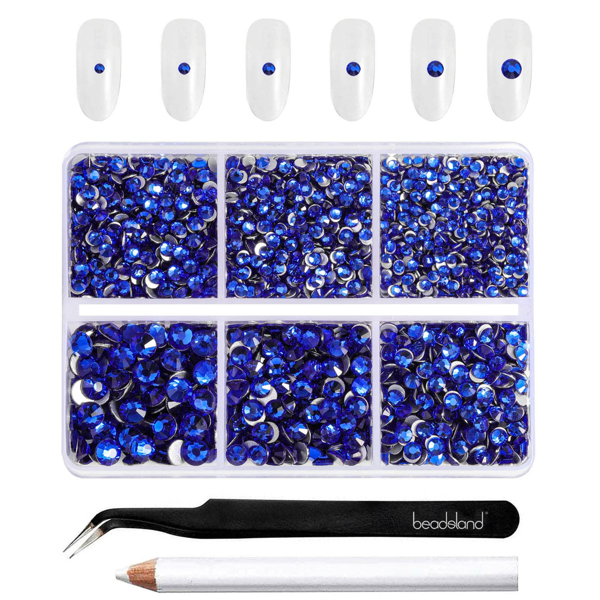 BEADSLAND front of box with organized royal blue rhinestones, ready to craft