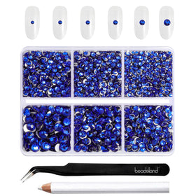 BEADSLAND front of box with organized royal blue rhinestones, ready to craft