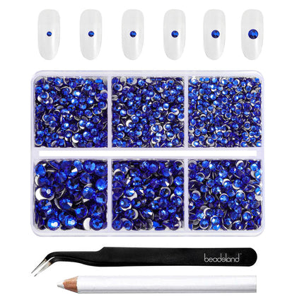BEADSLAND front of box with organized royal blue rhinestones, ready to craft