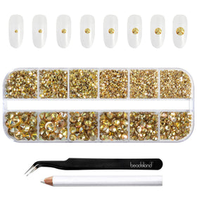 BEADSLAND front package showing organized gold rhinestones and tools for easy selection