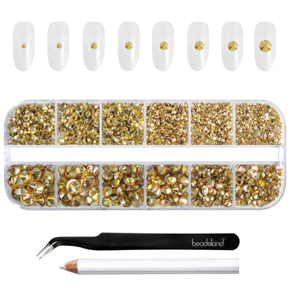 BEADSLAND front package showing organized gold rhinestones and tools for easy selection