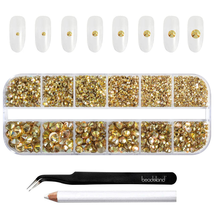 BEADSLAND front package showing organized gold rhinestones and tools for easy selection