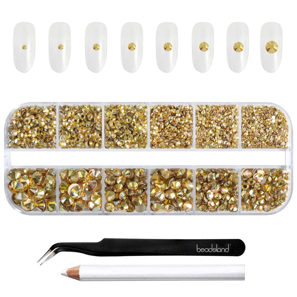 BEADSLAND front package showing organized gold rhinestones and tools for easy selection