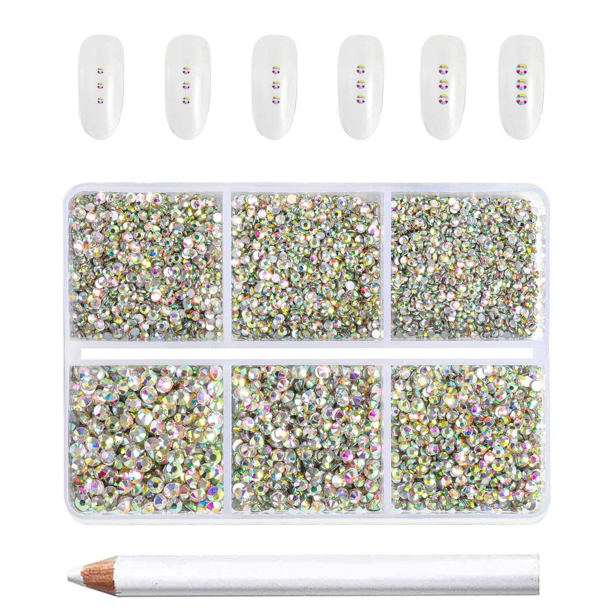 BEADSLAND front packaging showing 7200 AB rhinestones and wax pencil, clear organization benefit