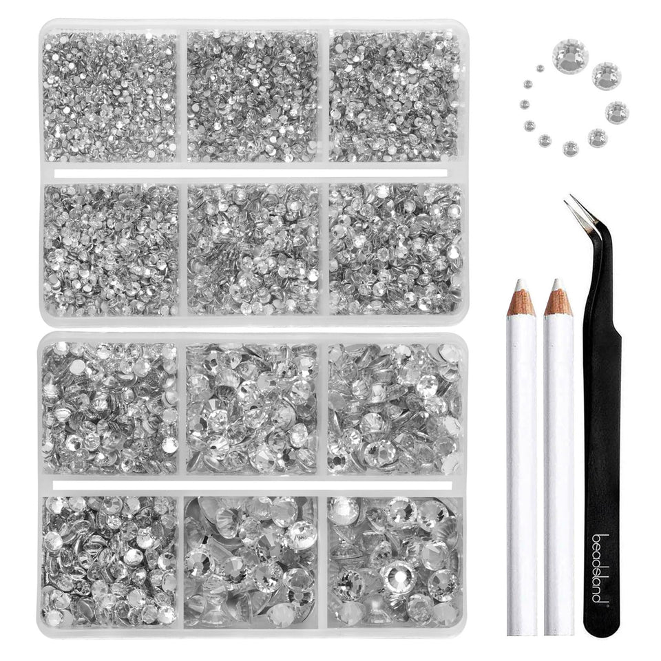 BEADSLAND front packaging showing clear rhinestone boxes and organization benefit
