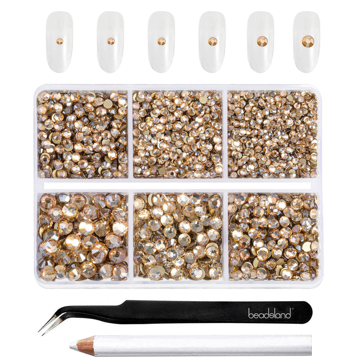 BEADSLAND front packaging showing organized compartments and gold rhinestones, easy storage