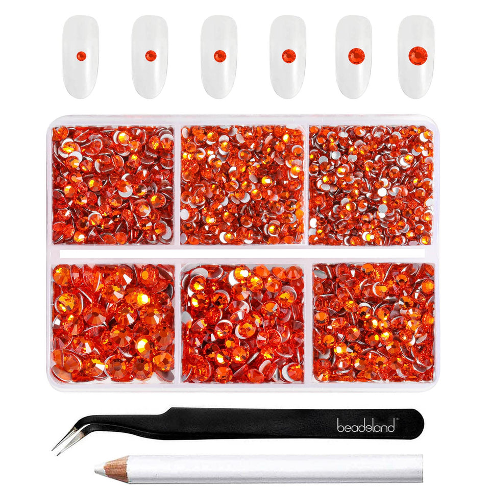 BEADSLAND front packaging showing sorted orange rhinestones and compartments, clear organization benefit