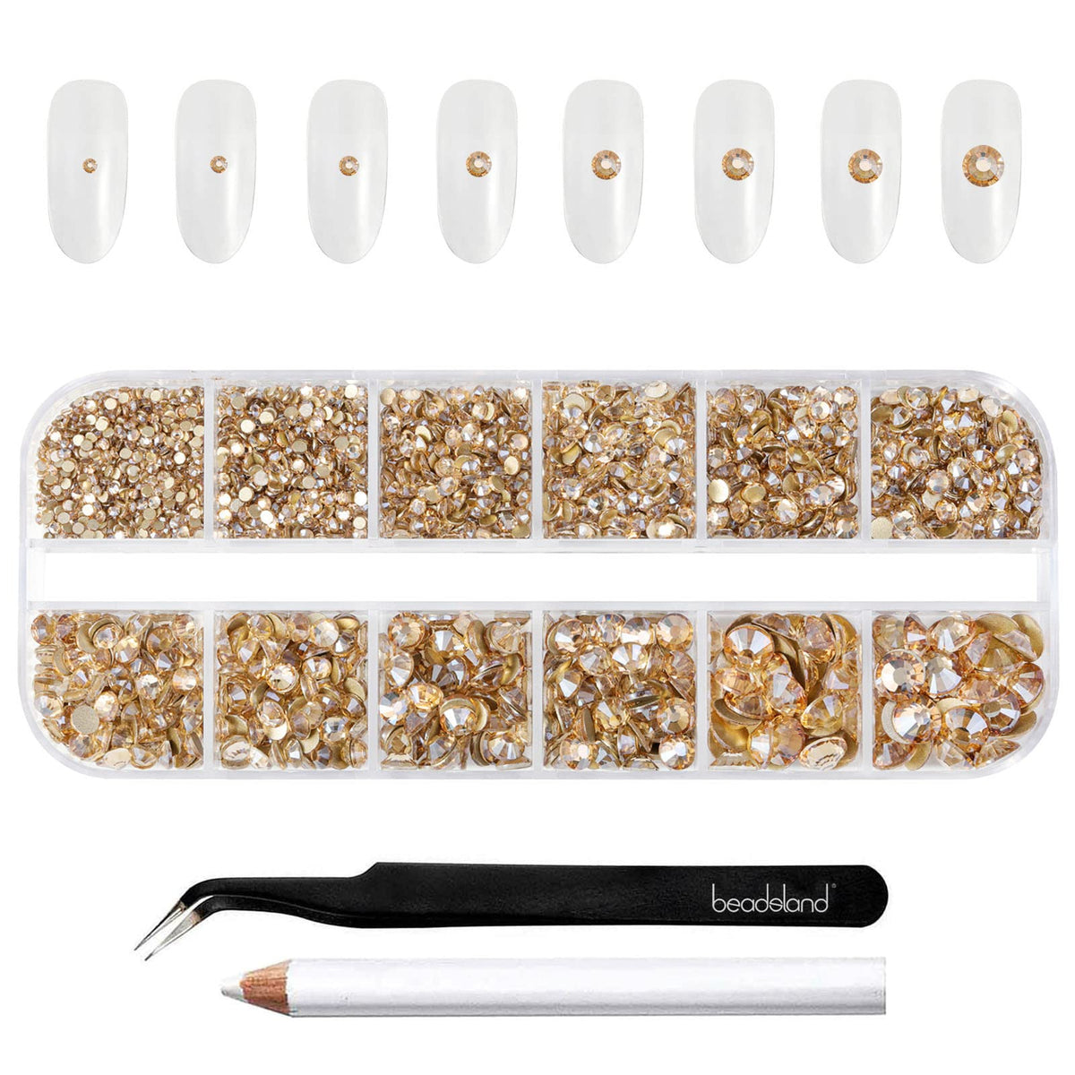 BEADSLAND front packaging showing labeled gold rhinestone compartments and tools