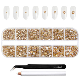 BEADSLAND front packaging showing labeled gold rhinestone compartments and tools