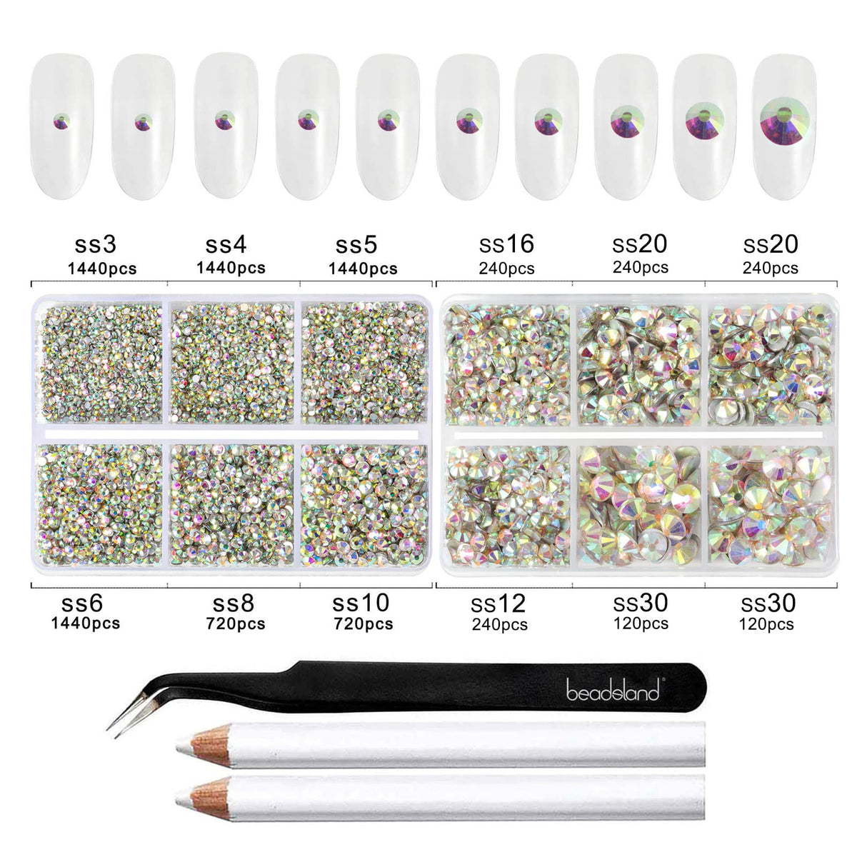 BEADSLAND rhinestones in use on nail art with wax pencil demonstrating easy precise placement