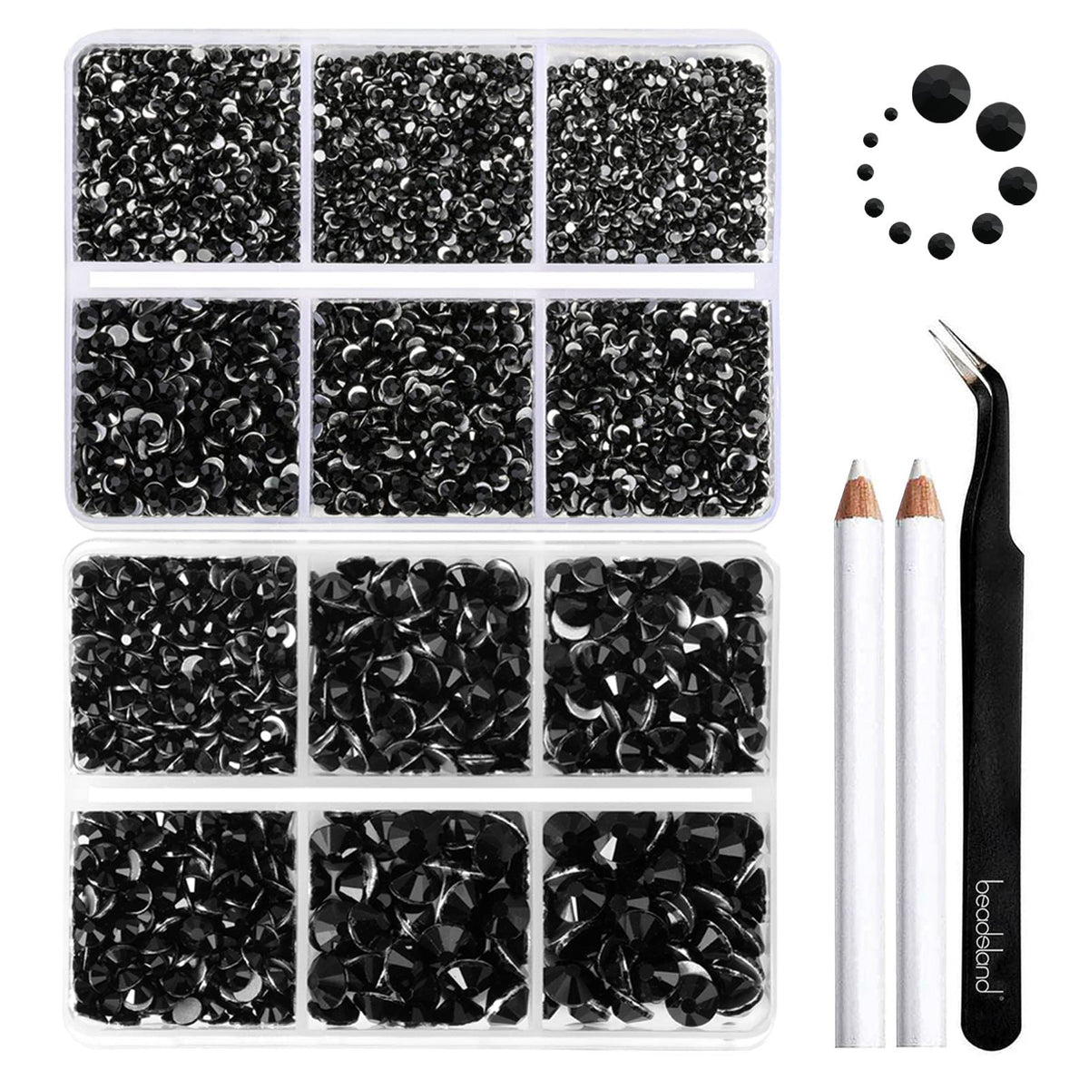 BEADSLAND front packaging showing organized compartments and 8300 jet black rhinestones