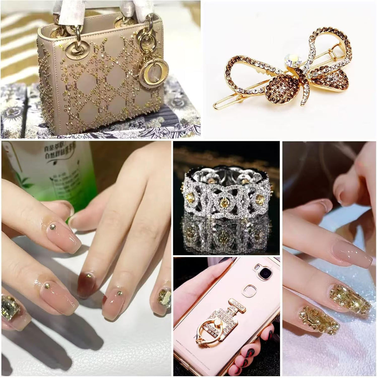 BEADSLAND rhinestones applied on nails and crafts demonstrating decorative impact