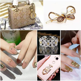 BEADSLAND rhinestones applied on nails and crafts demonstrating decorative impact