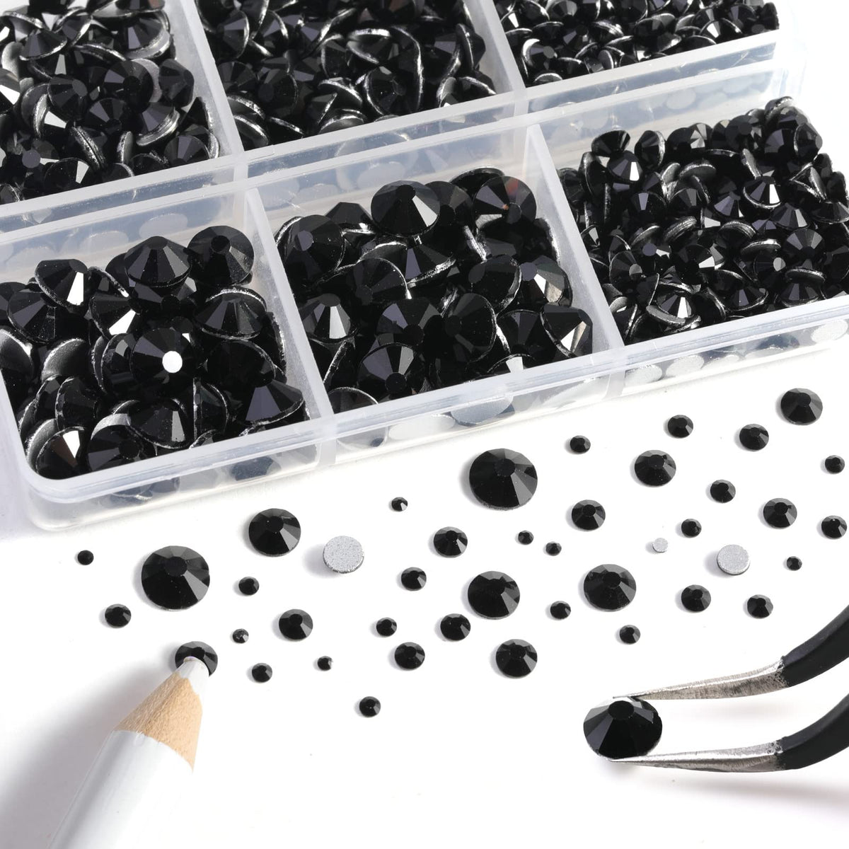 BEADSLAND close-up of black glass rhinestone facets showing bright sparkle