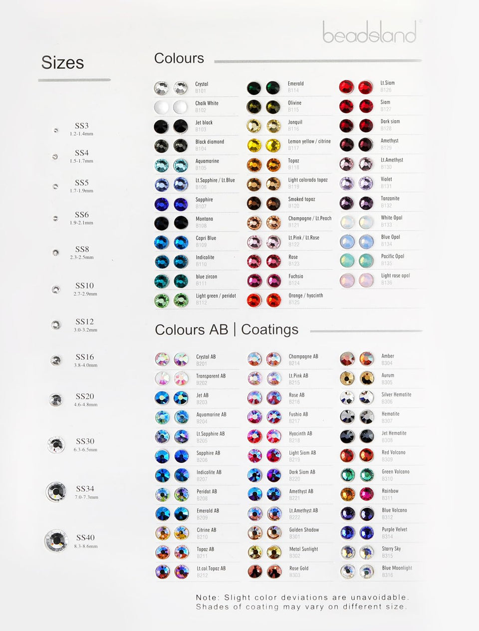 BEADSLAND sample card front view showing 71 colors and coatings for quick selection