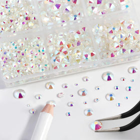 BEADSLAND close-up of mixed SS3 to SS30 rhinestone facets, highlighting sparkle