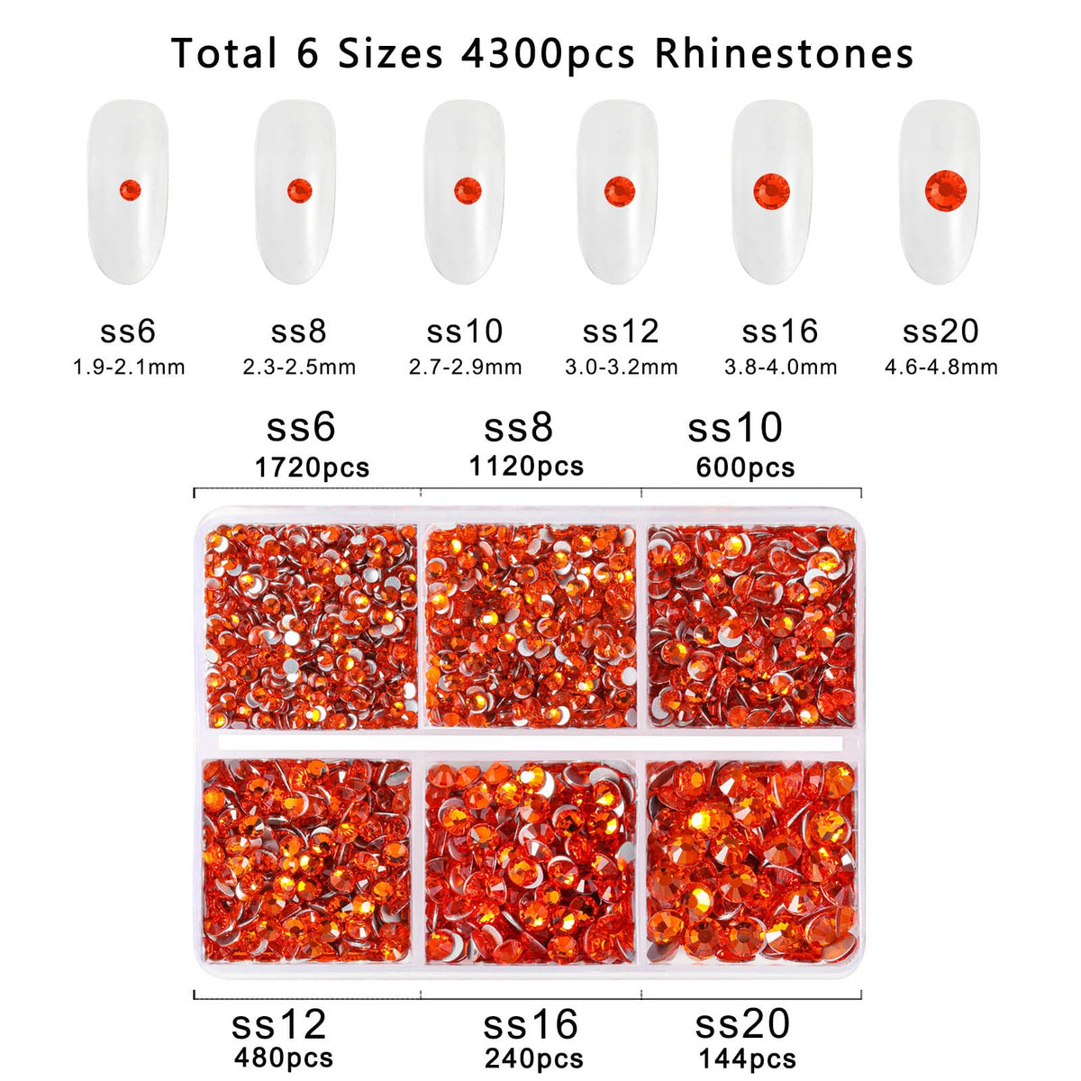 BEADSLAND arranged rhinestones SS6 to SS20 showing size differences, eases design planning