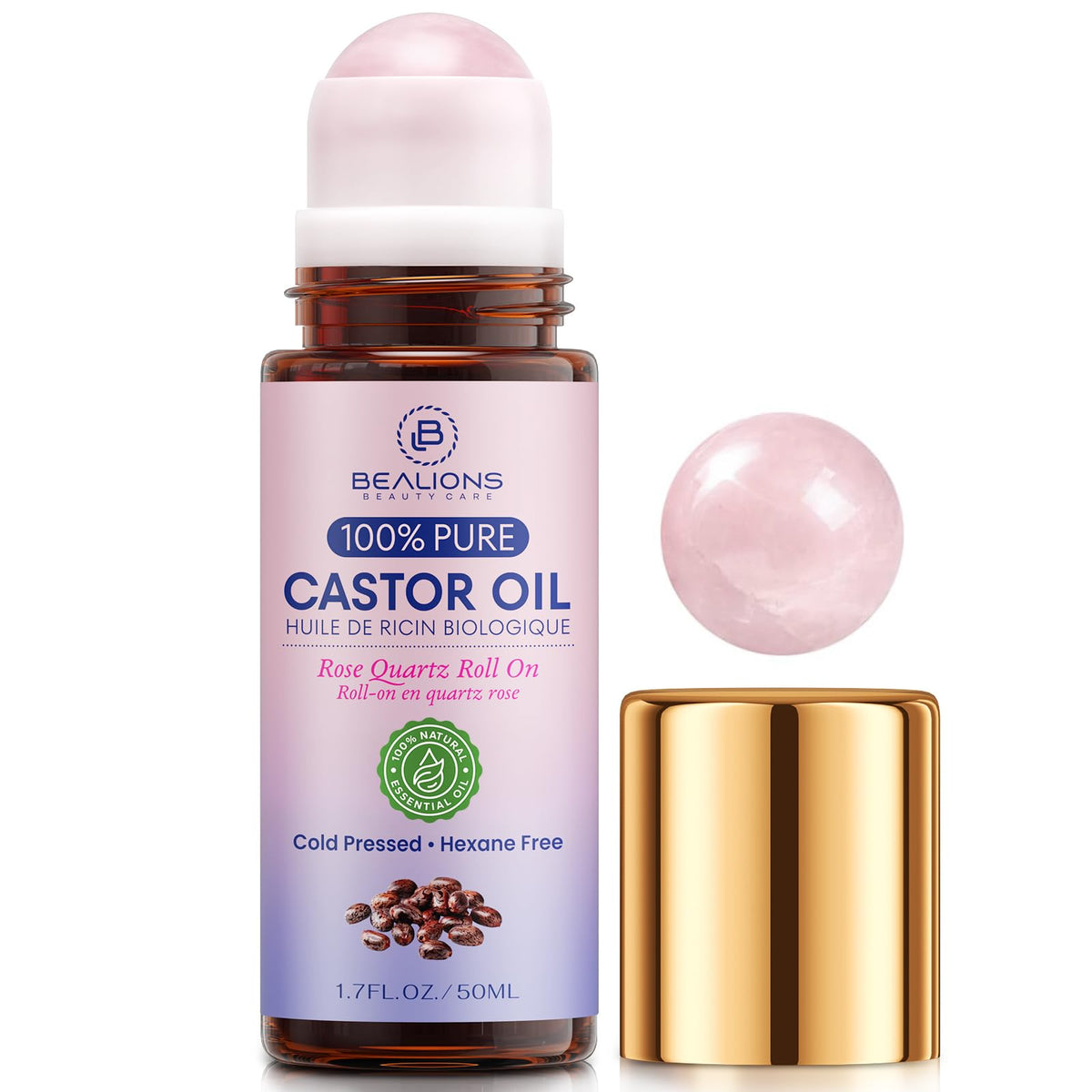 Bealions amber glass bottle front view with clear label and roller, protects oil potency