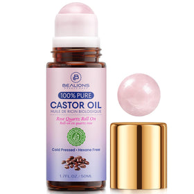Bealions amber glass bottle front view with clear label and roller, protects oil potency