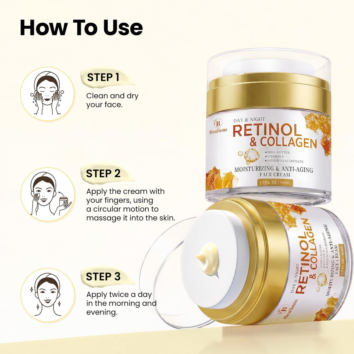 Bealions cream being applied to face and neck, demonstrates gentle night use