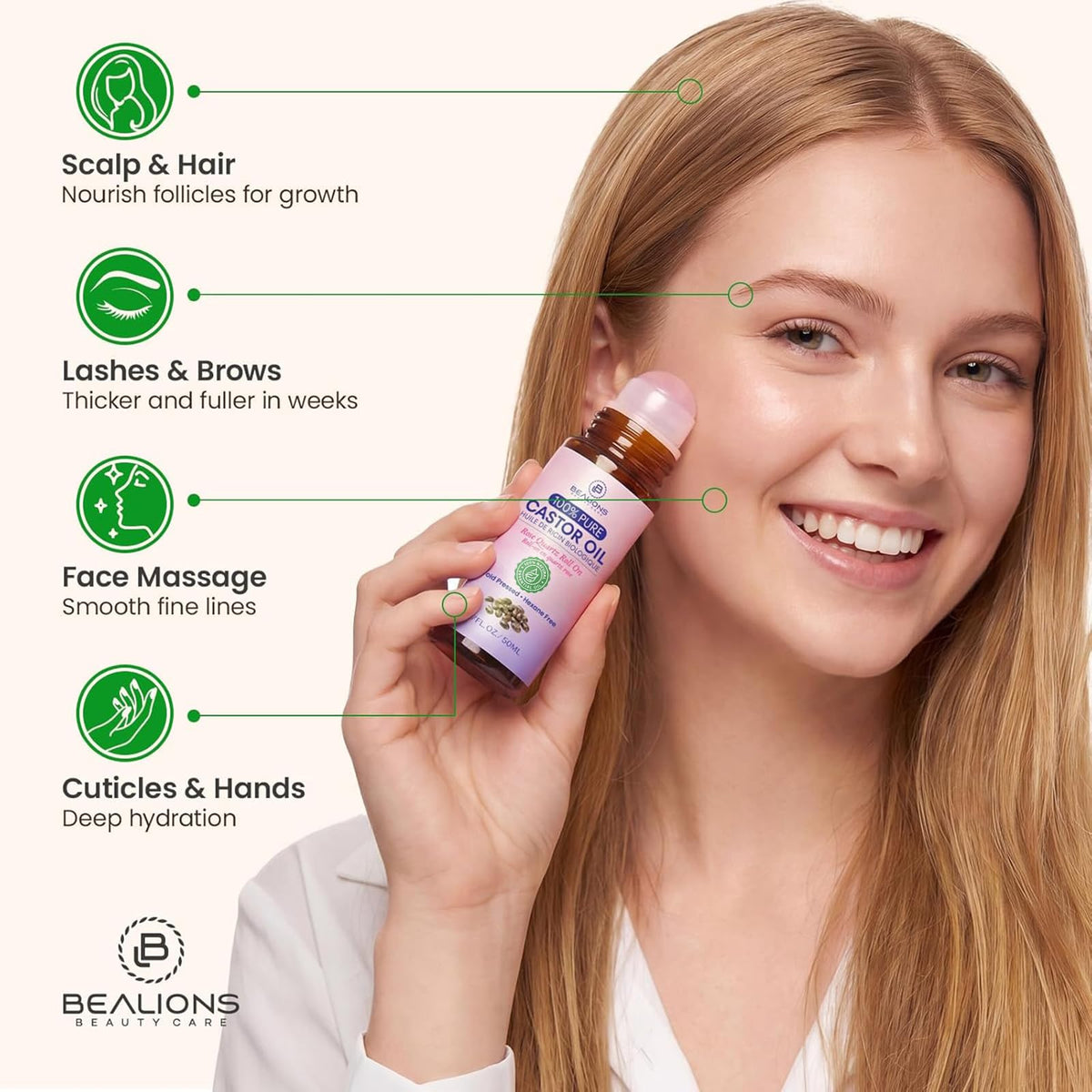 Bealions rose quartz roller closeup showing smooth stone for cooling, enhances precise application