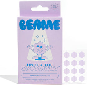 BEAME front packaging showing 36 UV detection stickers and clear benefits