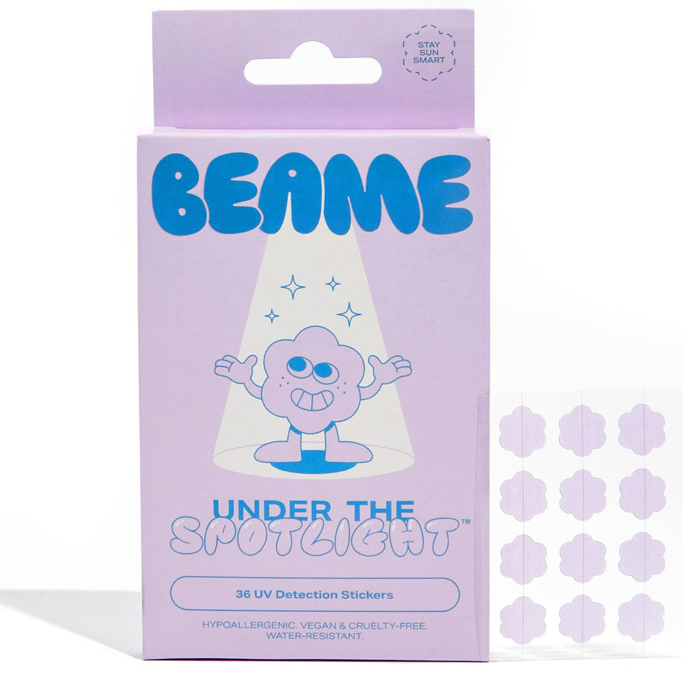 BEAME front packaging showing 36 UV detection stickers and clear benefits