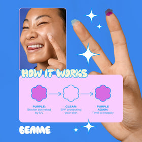 BEAME tear-off sticker sheet in a bag ready for on-the-go sun care