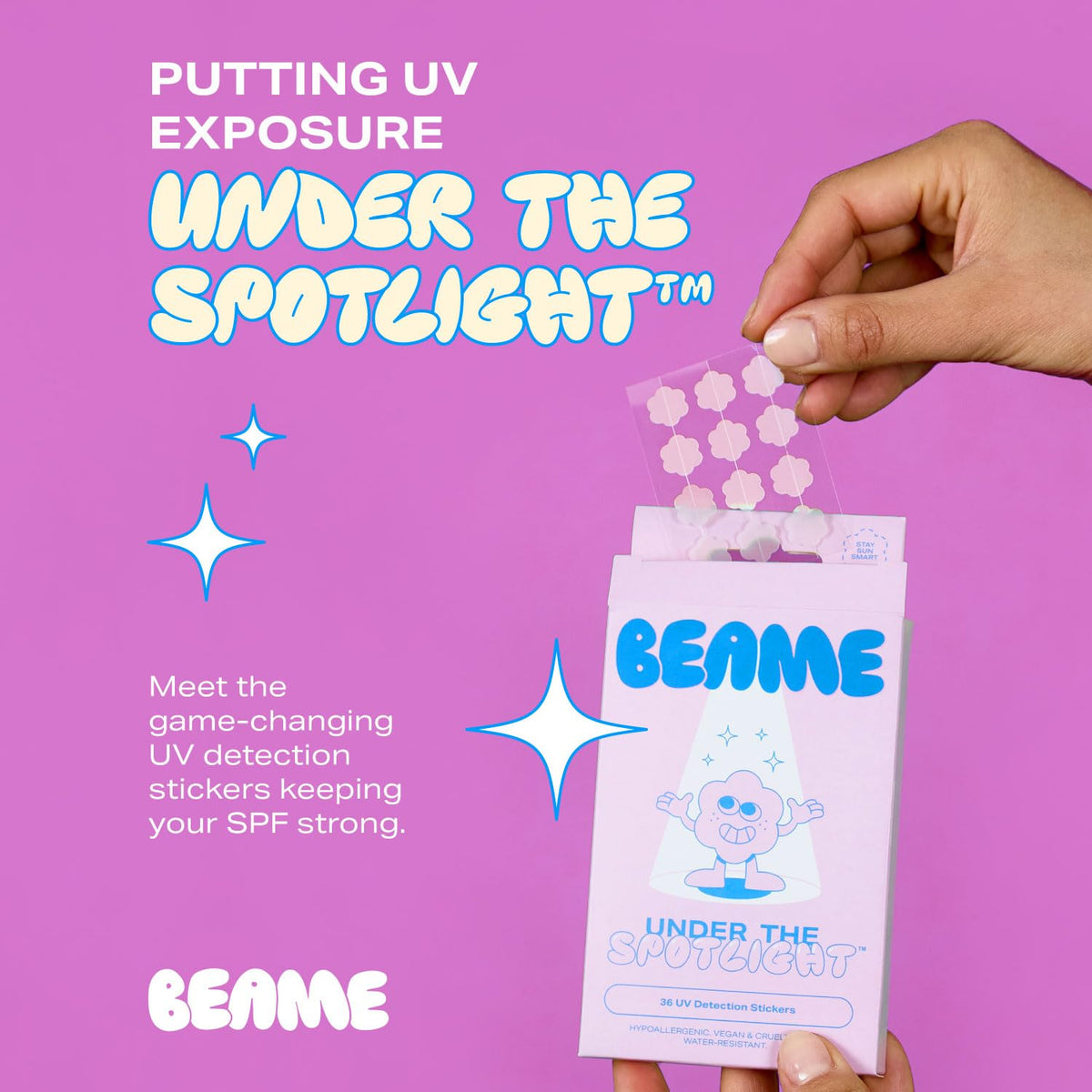 BEAME sticker applied to forearm demonstrating easy sun protection reminder