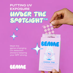 BEAME sticker applied to forearm demonstrating easy sun protection reminder