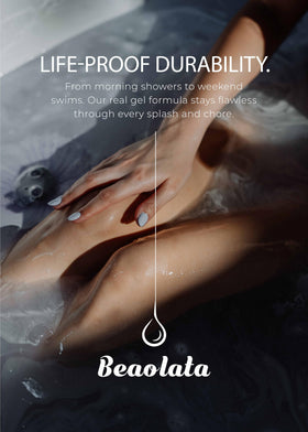 Beaolata nails worn on hands in lifestyle scene showing polished look and long-lasting wear benefit
