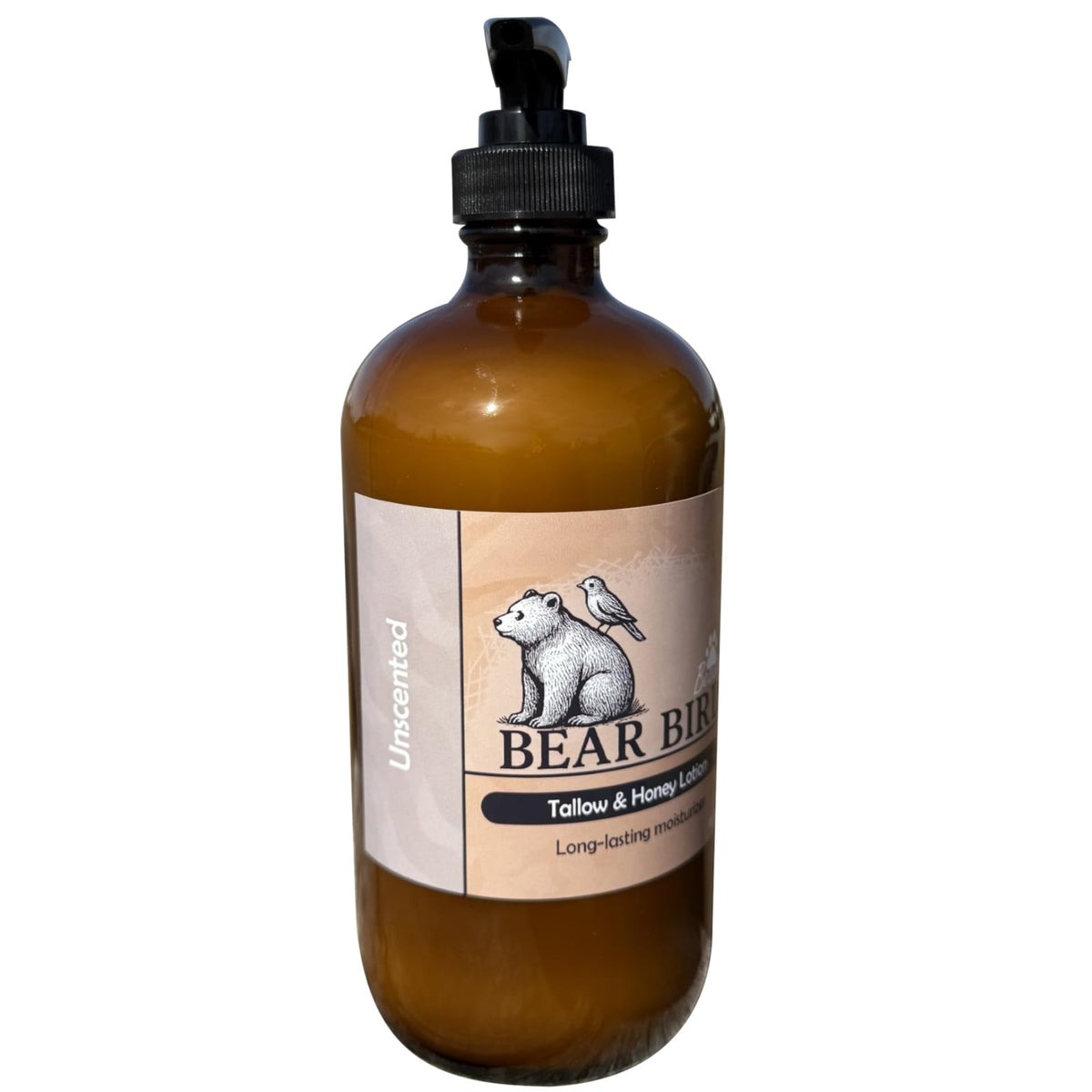 Bear Bird front jar view showing unscented tallow lotion, highlights natural hydration