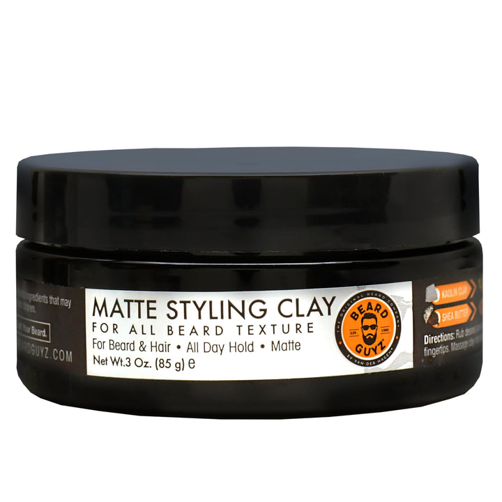 Beard Guyz front jar of matte styling clay showing label and compact size benefit