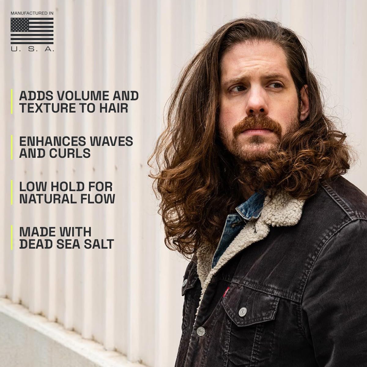 Beardbrand applying spray to damp hair for styling control and lift