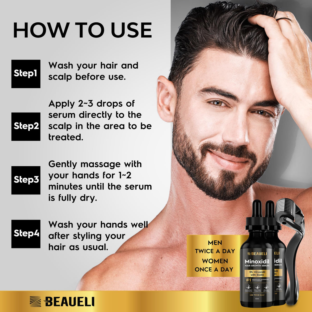 beaueli man applying serum to beard to support fuller-looking growth