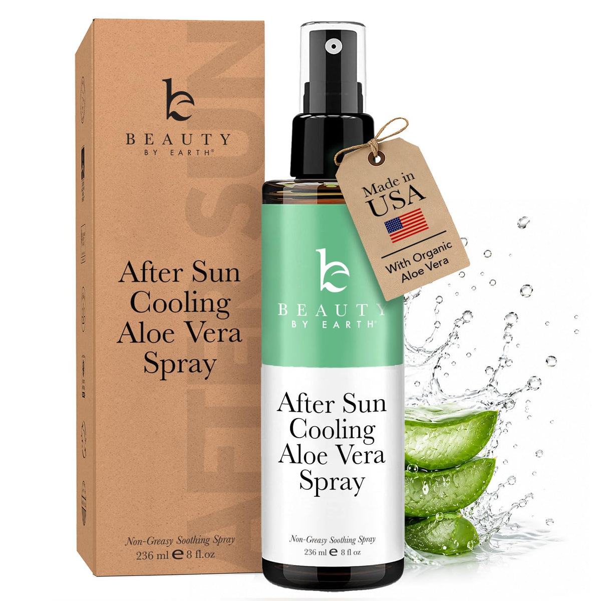 Beauty by Earth front packaging showing spray bottle and calming aloe benefits