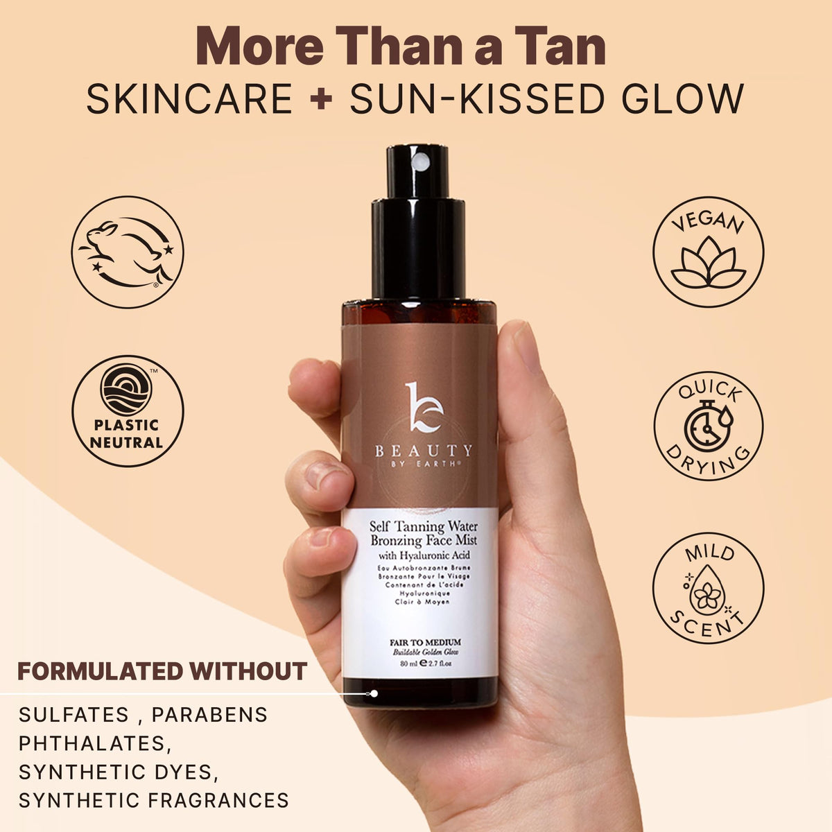 Beauty by Earth model applying spray for quick, natural-looking tan