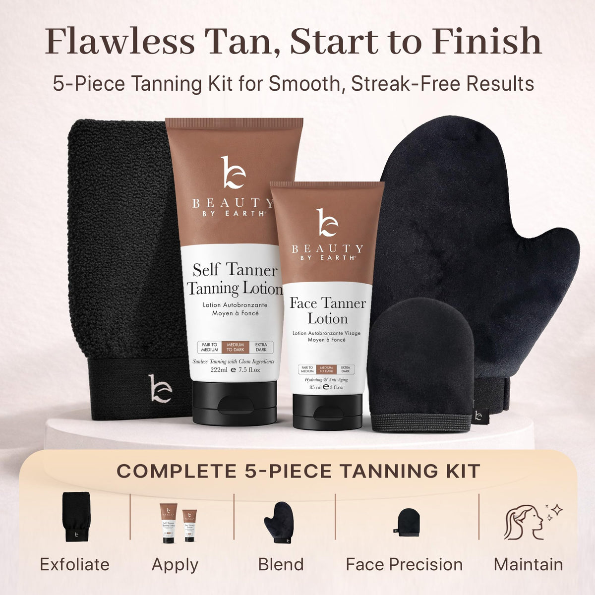 Beauty by Earth front and back applicator set showing reach and even coverage benefit