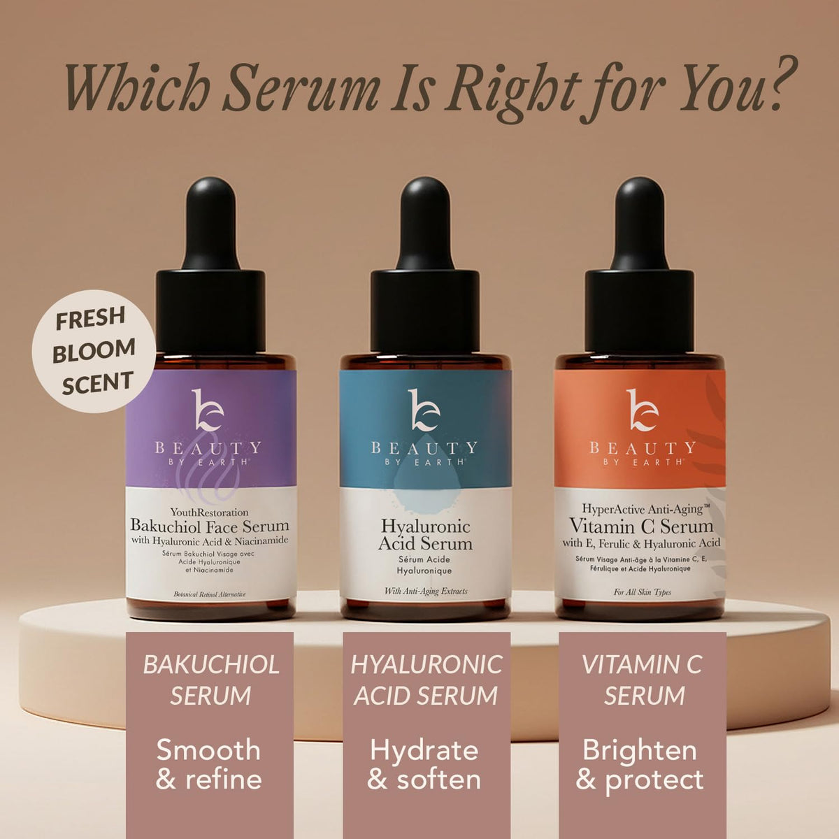 Beauty by Earth serum on bathroom shelf in lifestyle scene promoting daily routine