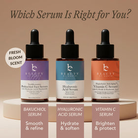 Beauty by Earth serum on bathroom shelf in lifestyle scene promoting daily routine