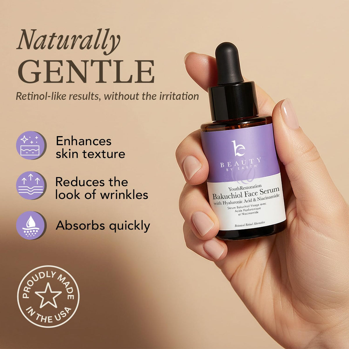 Beauty by Earth serum drop on fingertip highlighting silky, lightweight texture