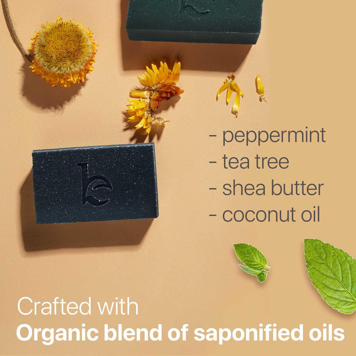 Beauty by Earth soap beside peppermint and tea tree ingredients showcasing natural formulation