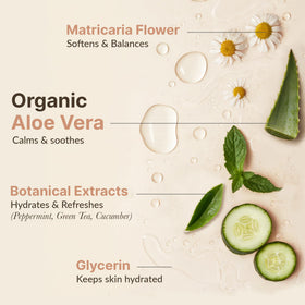 Beauty by Earth bottle displayed with organic aloe and cucumber ingredients