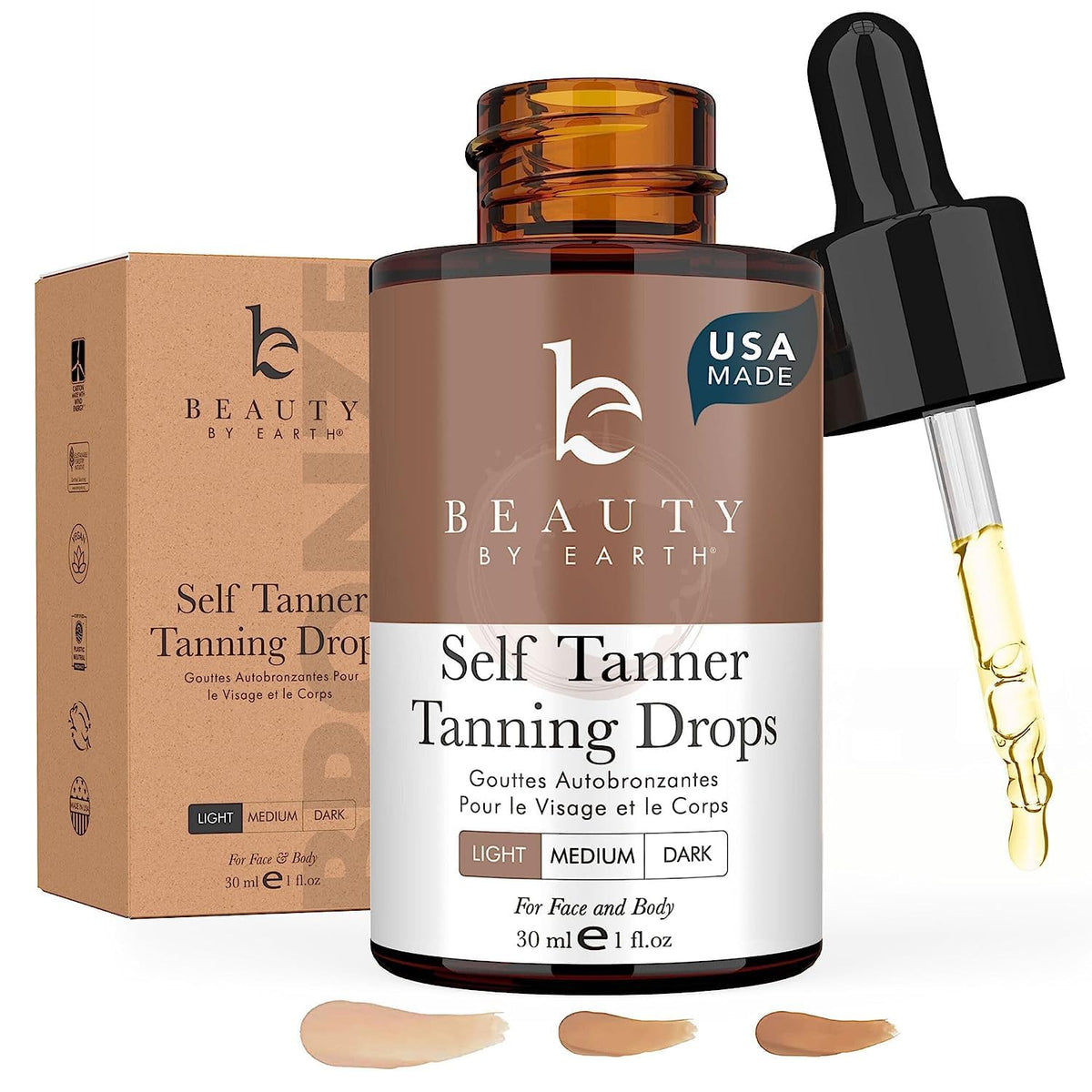 Beauty by Earth front bottle showing clean, organic tanning drops and benefits