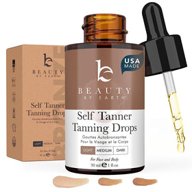 Beauty by Earth front bottle showing clean, organic tanning drops and benefits