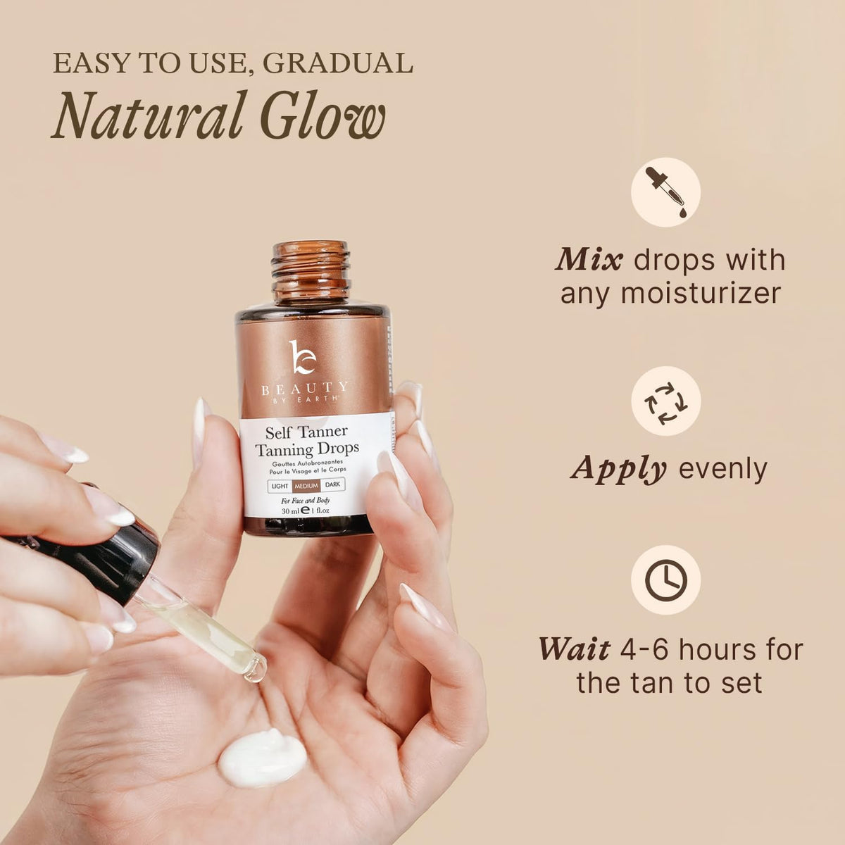 Beauty by Earth drops on hand scale indicating small dosing and buildable color