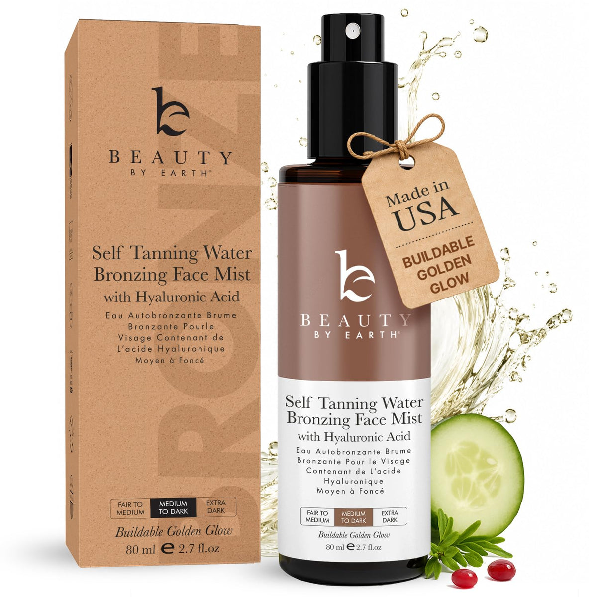 Beauty by Earth front packaging showing the bronzing face mist and clear branding benefit: easy identification